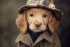 Close-up of dog wearing hat and coat Art Print